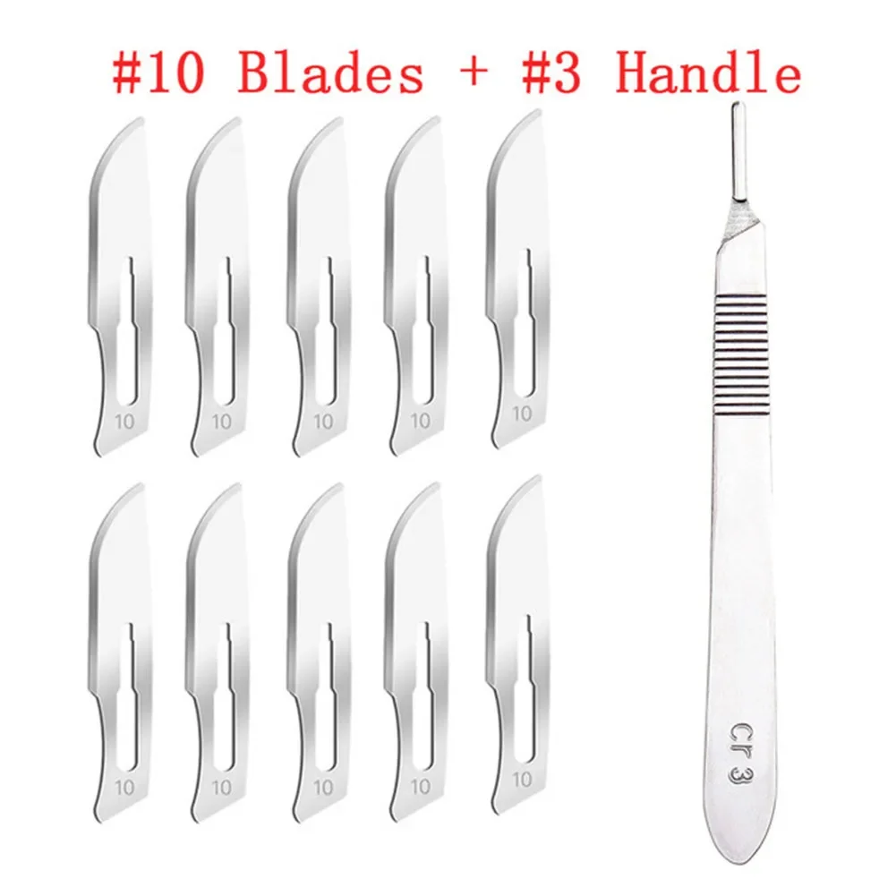 10pcs 10#--24# Carbon Steel Surgical Blades + 1pc 3# 4# Handle Scalpel DIY Cutting Tool PCB Repair Animal Surgical Knife