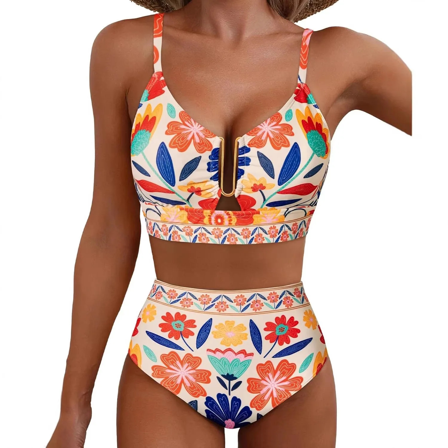 

Женский сексуальный пляжный купальник с высокой талией, U-образным вырезом, цветочным принтом, перекрестной спинкой, состоящий из двух частей, регулируемый летний комплект для плавания