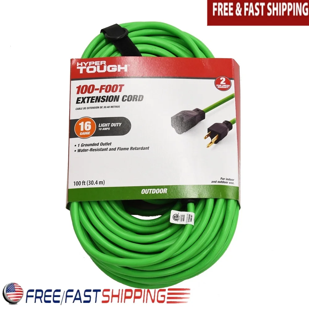 

100ft High Visibility Green Vinyl Extension Cord Indoor Outdoor Durable Water Resistant Flexible Strain Relief Safety Plug