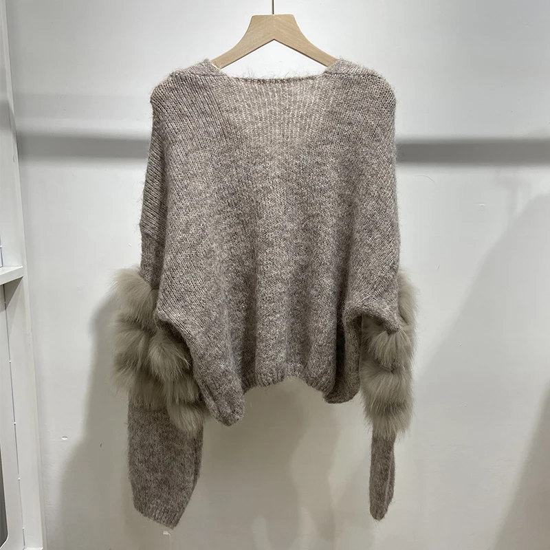 Women Autumn Khaki Real Fox Fur Cuff Sweater Coffee Natural Fur Female Knitted Wear