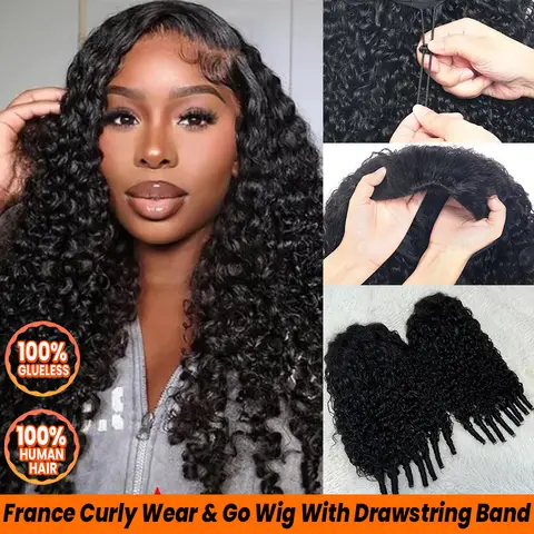 3 In 1 Half Wigs Human Hair France Spiral Curly Glueless Human Hair Wig With Draw-String Adjustable Breathable 22''Easy Quick