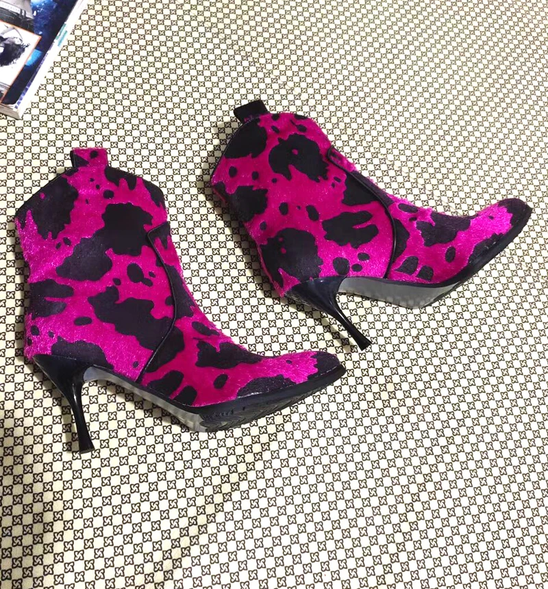 Hot-Pink Leopard Horsehair Ankle Boots Pointed Toe High Heels Slip On Femme Zapatos Fuchsia Leopard Woman Charming Booties