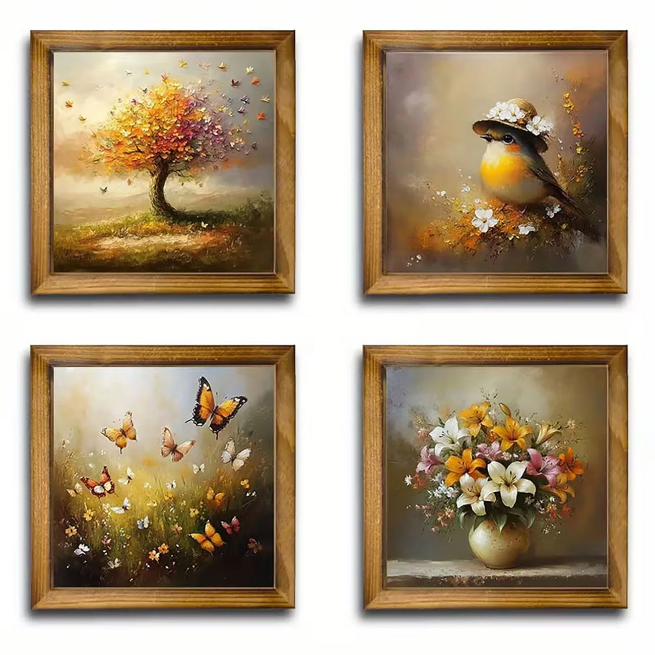 4 Pack Wooden Vintage Bird Butterfly Wall Decor Autumn Tree Lily Vase Print Nano Tape Drill Free Home Wall Ornament