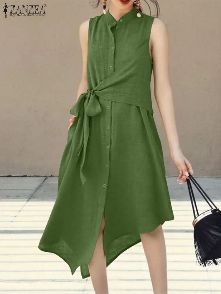 

ZANZEA Casual Loose Buttons Long Vestidos Women Summer Tank Dress Fashion Sleeveless Solid Robe 2024 Holiday Irregular Sundress