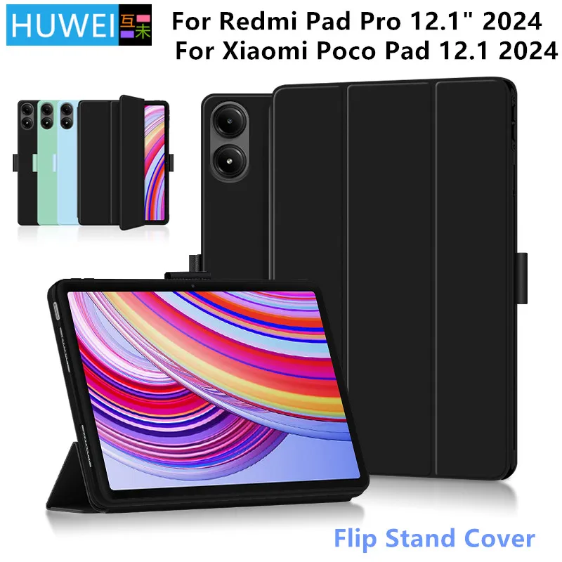 HUWEI Case For Xiaomi Poco Pad 12.1 inch 2024 Redmi Pad Pro Tablet Tri-Folding Stand Cover For POCO Pad /Redmi Pad Pro 12.1 Case