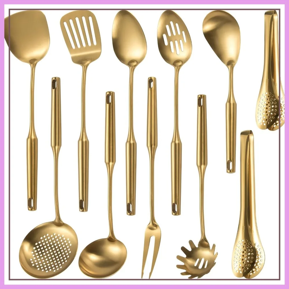 

11 Pcs 304 Stainless Steel Kitchen Utensils Set, Gold Long Metal Cooking Tools with Spatula, Spoon, Ladle, Skimmer, Tongs, Dishwasher Safe