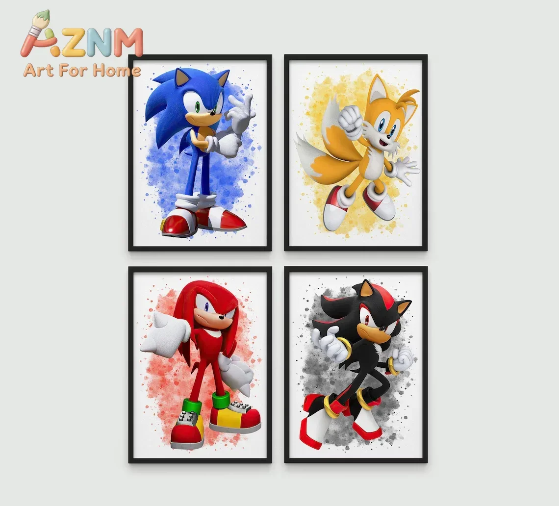AZNM Sonic The Hedgehog Canvas Wall Art, Watercolor Splash Sonic Tails Knuckles Shadow Print, Cartoon Kids Room Poster, Unframed