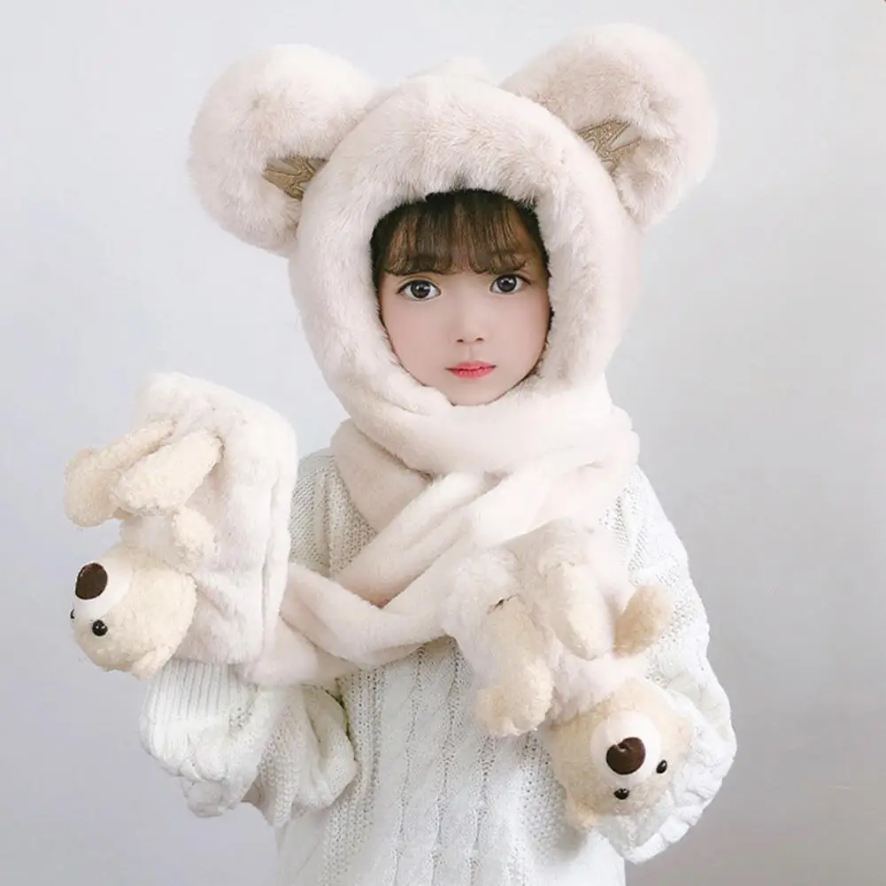 Cute Winter Thickened Plush Kids Hat Neck Scarf Gloves 3 in 1 Ear Protection Hat Cartoon Bear Decor Boys Girls Holiday Hat