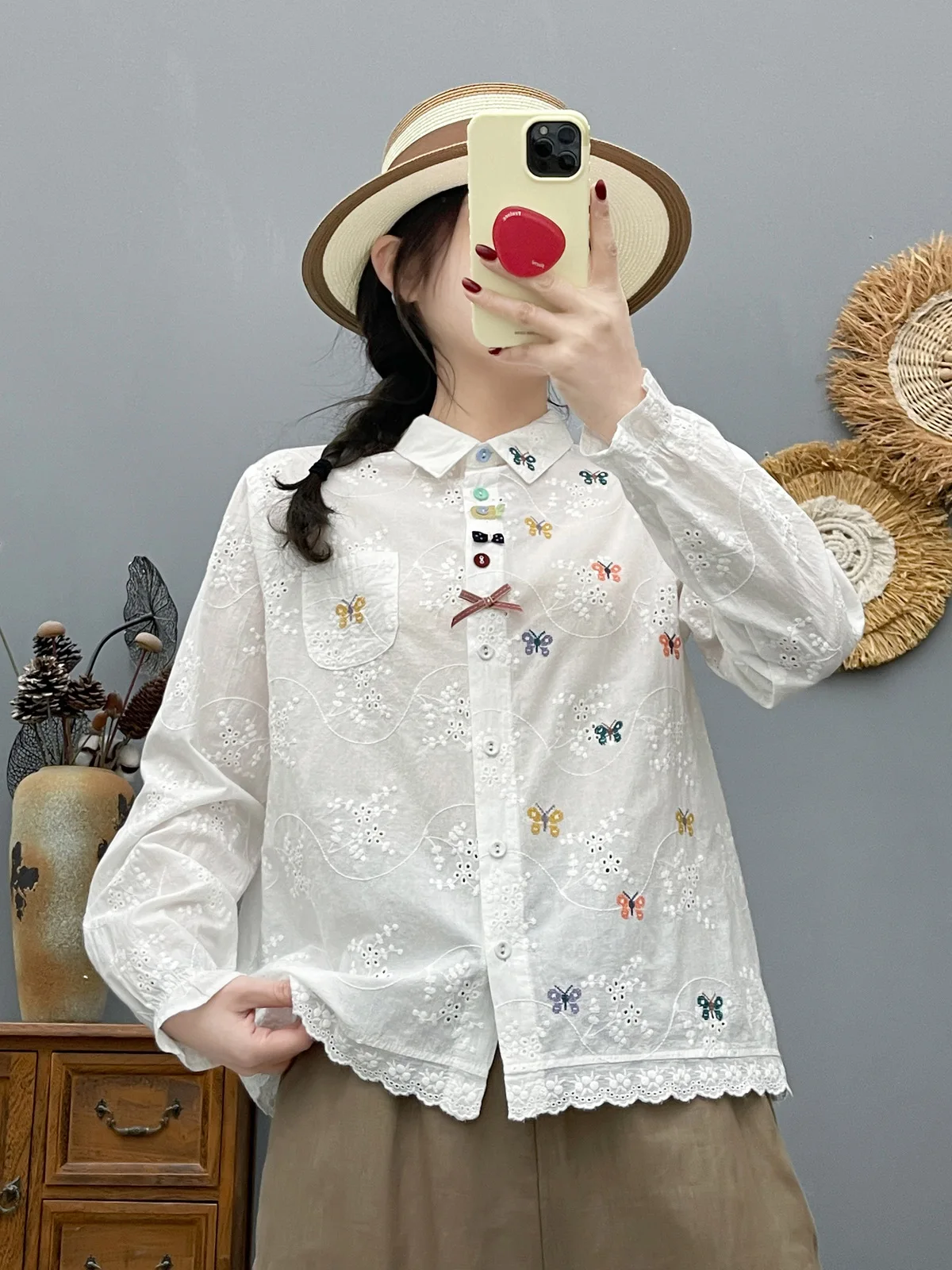 Women\'s Bohemian Blouse Ethnic Style Retro Embroidered Long Sleeve Shirts Cotton Vacation Shirt Top Boho Clothing