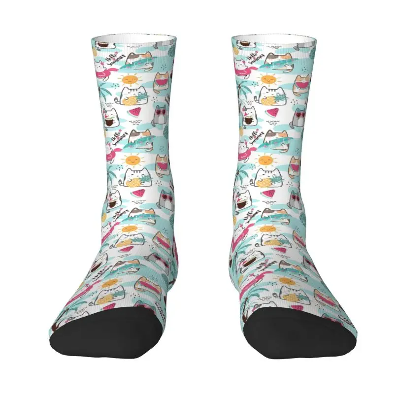 Custom Kawaii Summertime Cats Hello Summer Blue Socks Women Men Warm 3D Print Football Sports Socks