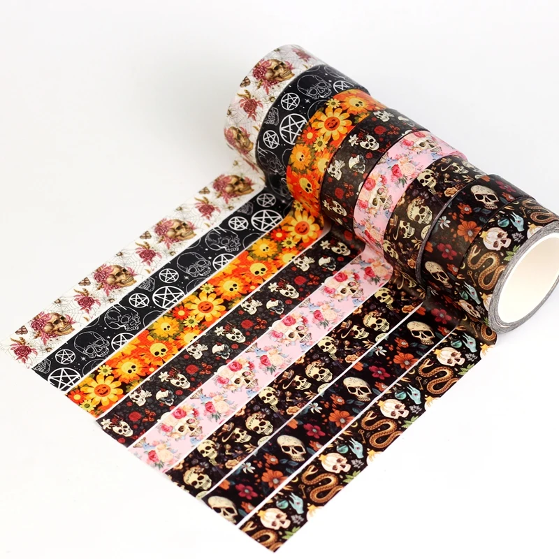 2026 New 1X 10M Decor Skull Flower Halloween Washi Tape Set for Scrapbooking Journal DIY Craft Masking Tape Stationery Supplies