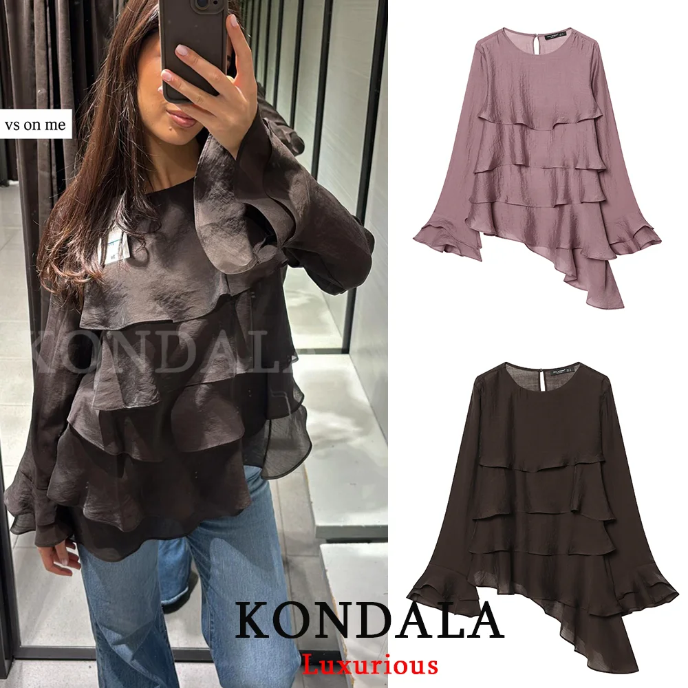 KONDALA Elegantes, lässiges und schickes Damen-Oberteil mit asymmetrischem O-Ausschnitt, gestuftem Langarm-Design, modisches Top für Frühling/Sommer 2026, Urlaubstop