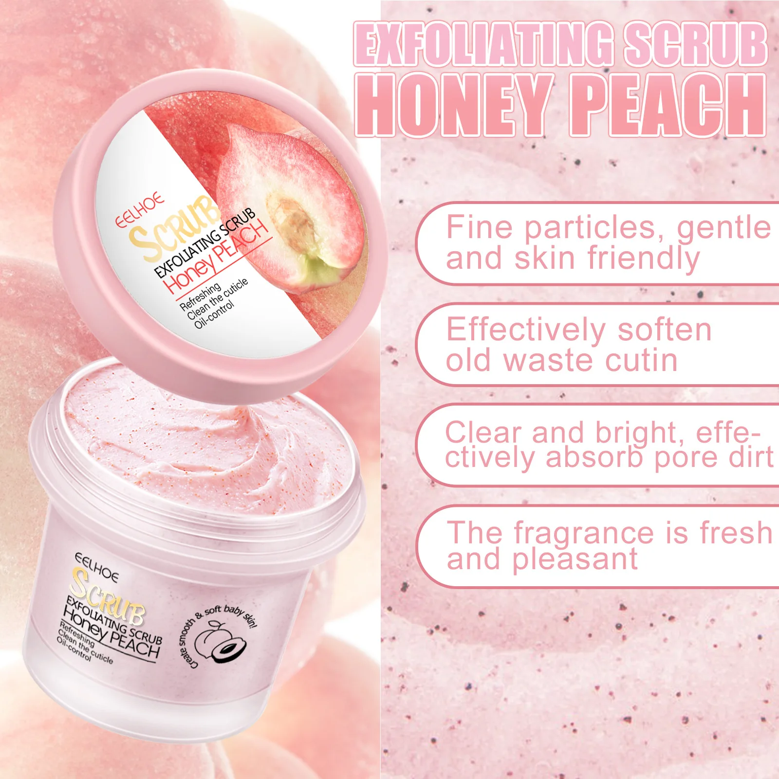 مقشر الجسم بالخوخ، تقشير، تنظيف عميق، ترطيب لطيف، مغذي للبشرة الناعمة المرنة، يساعد على الرطبة
