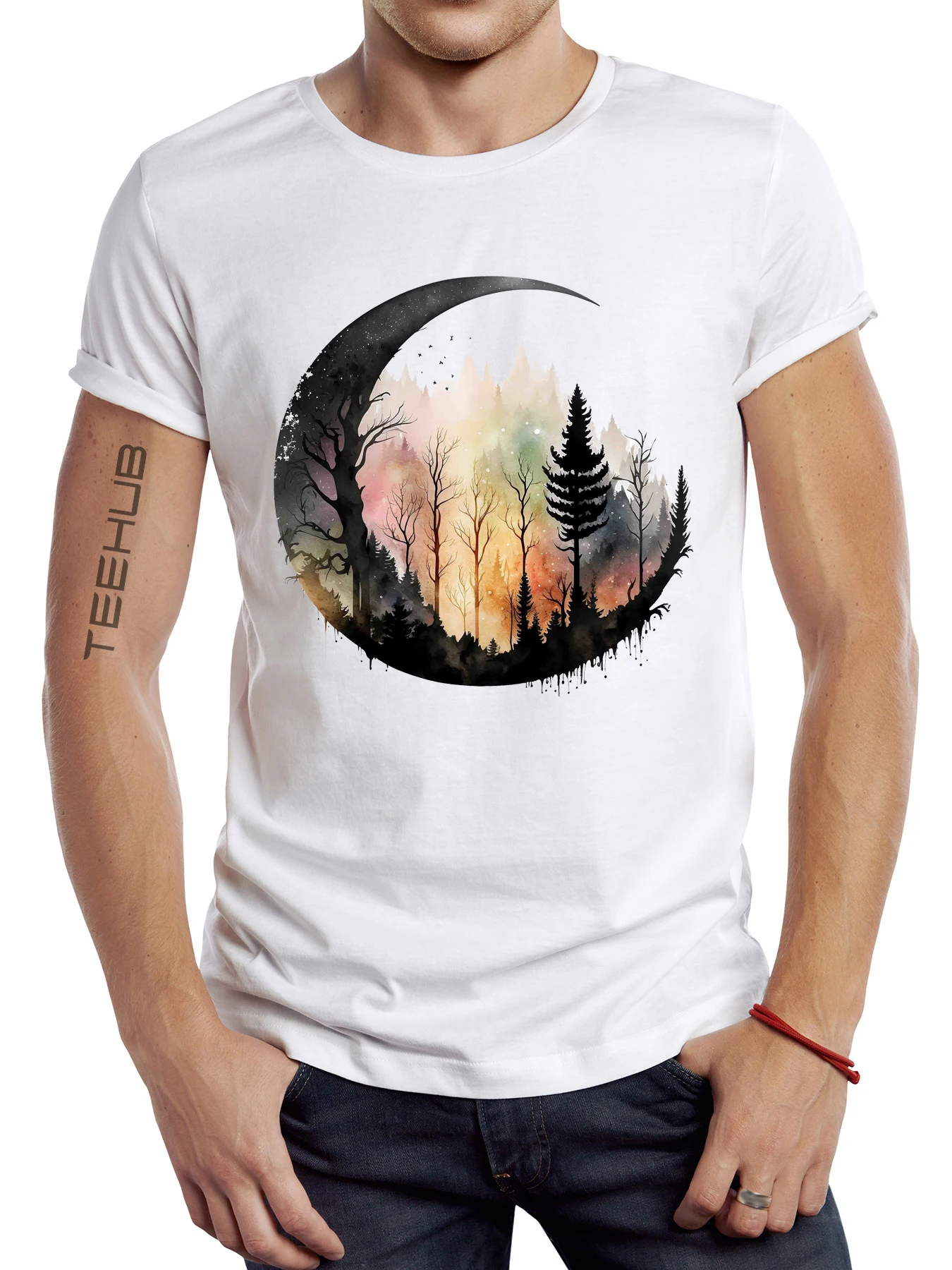 

FPACE Fashion Watercolor Forest Sunset Moon Printed T-Shirt Men's Short Sleeve Tree T-Shirt Casual Oversize Women Tops