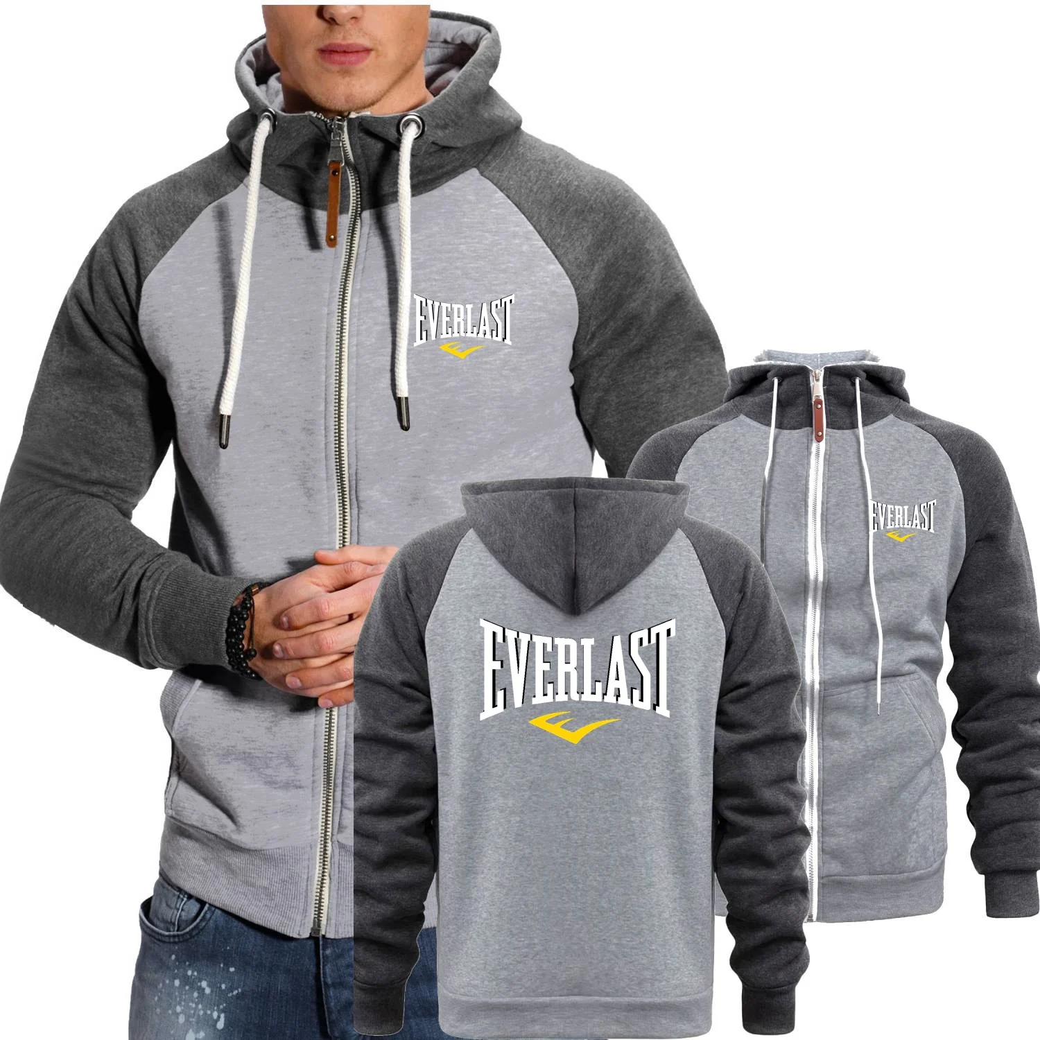 Chic sweatshirts simples e confortável everlast jaqueta masculina topos contraste raglan manga casaco com capuz gola alta durável sportwear
