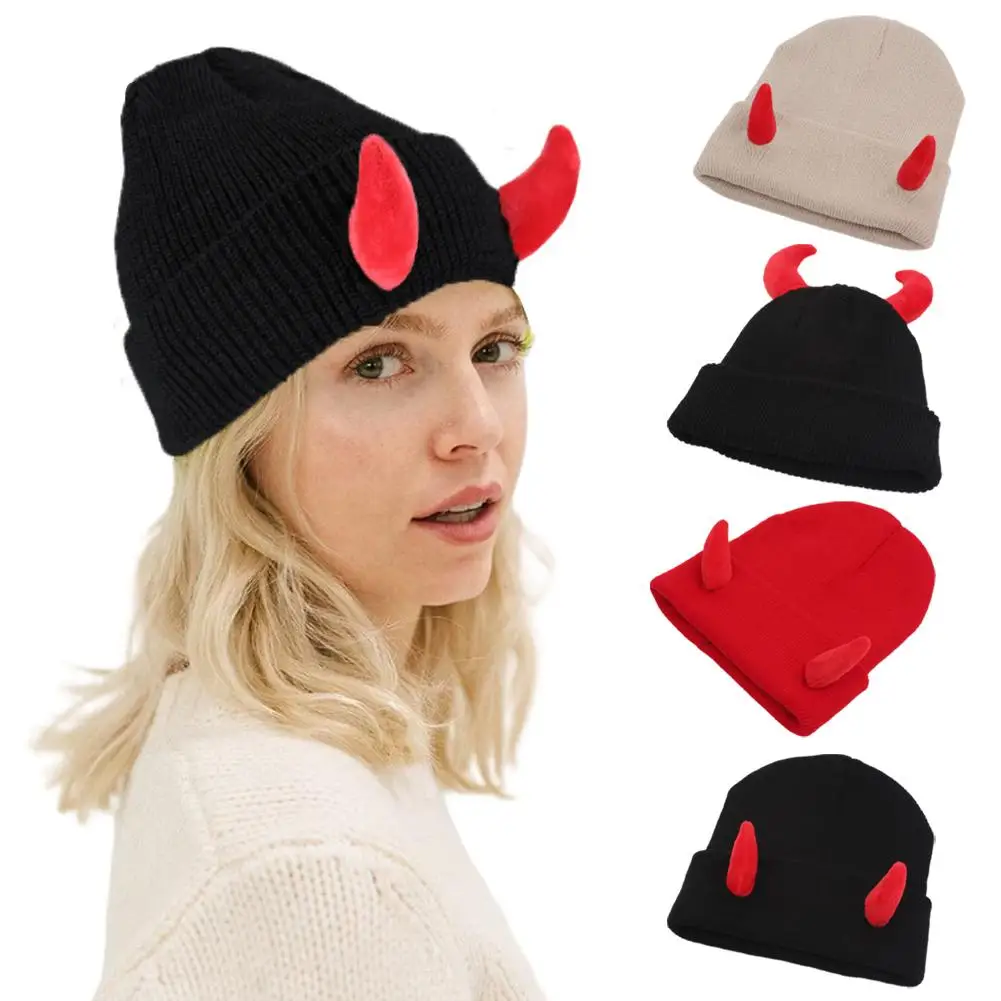 Devil Horns Men Hat Knitted Beanie With Horns Women Hip Hop Demon Horns Cap For Winter Warm Ski Outdoor B4y4