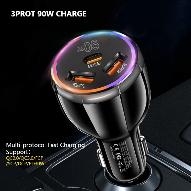 Caricabatteria da auto a 3 porte da 90 W Caricatore super veloce QC3.0 PD30W PPS Caricatore rapido per accendisigari ad alta potenza per iPhone/Huawei/Samsung