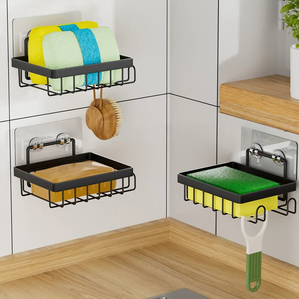 Compact Stainless Steel Sponge Holder Soap Dish Kitchen Sink Organizer With 2 Hooks For Organized Cleaning Tools