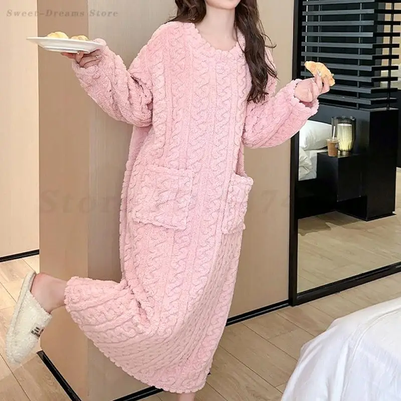 

Pink Flannel Female Long Nightdress Lounge Wear Thicken Coral Fleece Nightgown Autumn Winter Loose Sleepwear Home Dress Gown