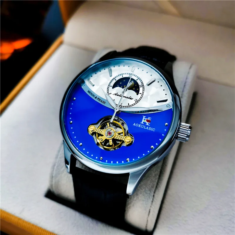 

AOKULASIC New Automatic Mechanical Watch for Men Skeleton Tourbillon Waterproof Luminous Moon Phase Casual Mens Wristwatch