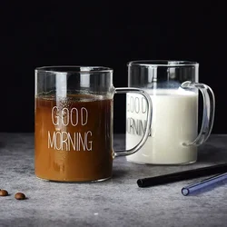 500ml Good Morning Glass Mug Coffee Milk Breakfast Cup Tumbler with Handle Transparent Drinkware Household Gift for Children Set