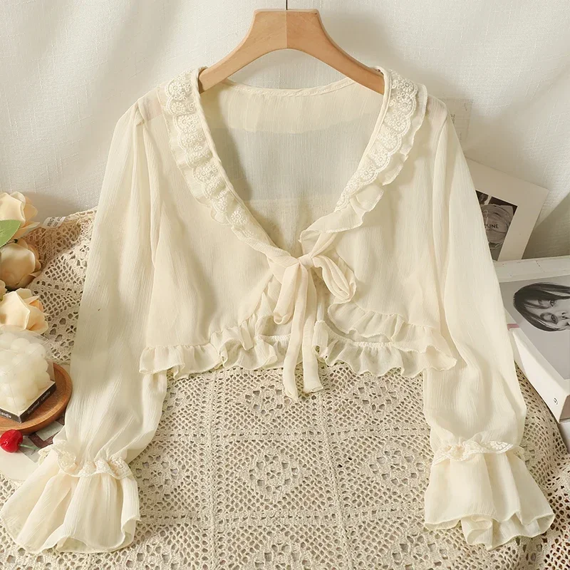 Kimotimo Chiffon Sunscreen Cardigan Women Summer Lace Ruffled Lace Up Thin Shirt Korean Flared Sleeve Fairy Shawl Blouse