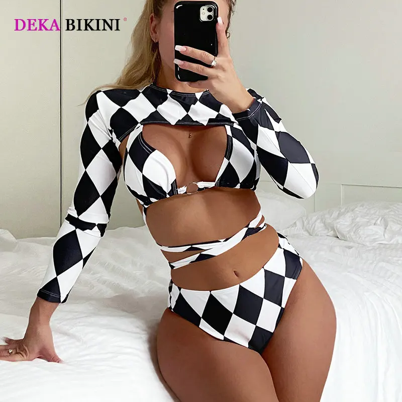 DEKA Conjunto de bikini a cuadros de talle alto para mujer, traje de baño camisola con estampado de celosía, traje de baño dividido bandeau separado sexy