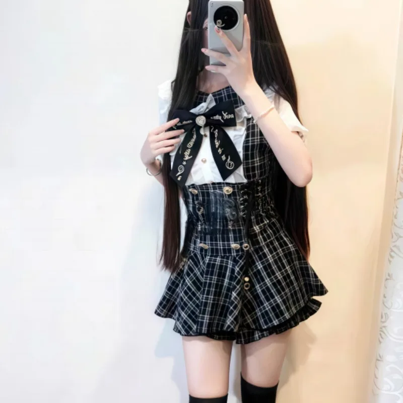 

NONSAR японский стиль готический Y2k Лолита платье с бантом шорты комплект женский винтажный искусственный комплект из двух предметов с коротким рукавом в клетку тонкий мини-платье