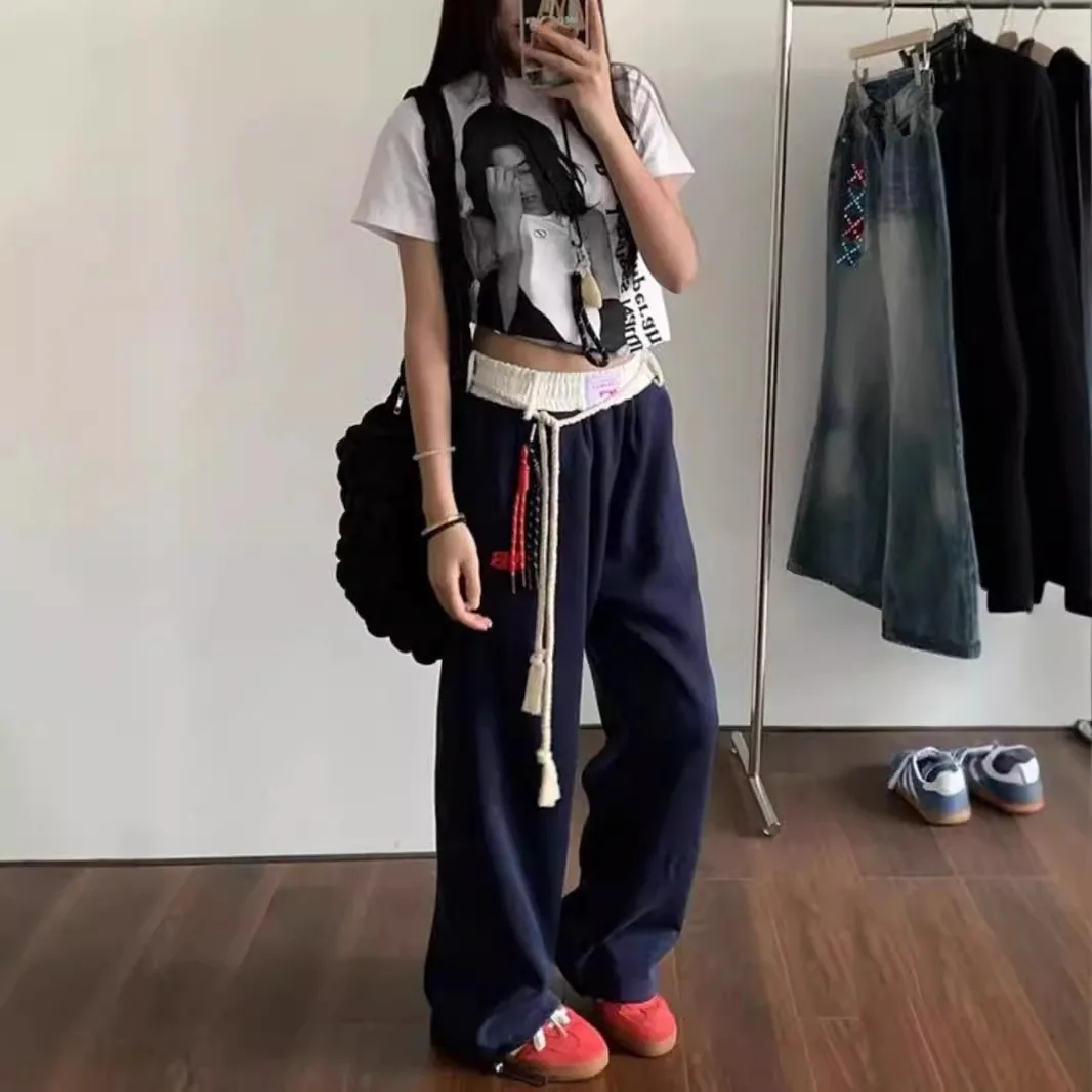 Women's Autumn Winter Slim Waist Cargo Baggy Pants Sports Loose Wide Leg Drawstring Hip Hop Y2K Joggers Trousers