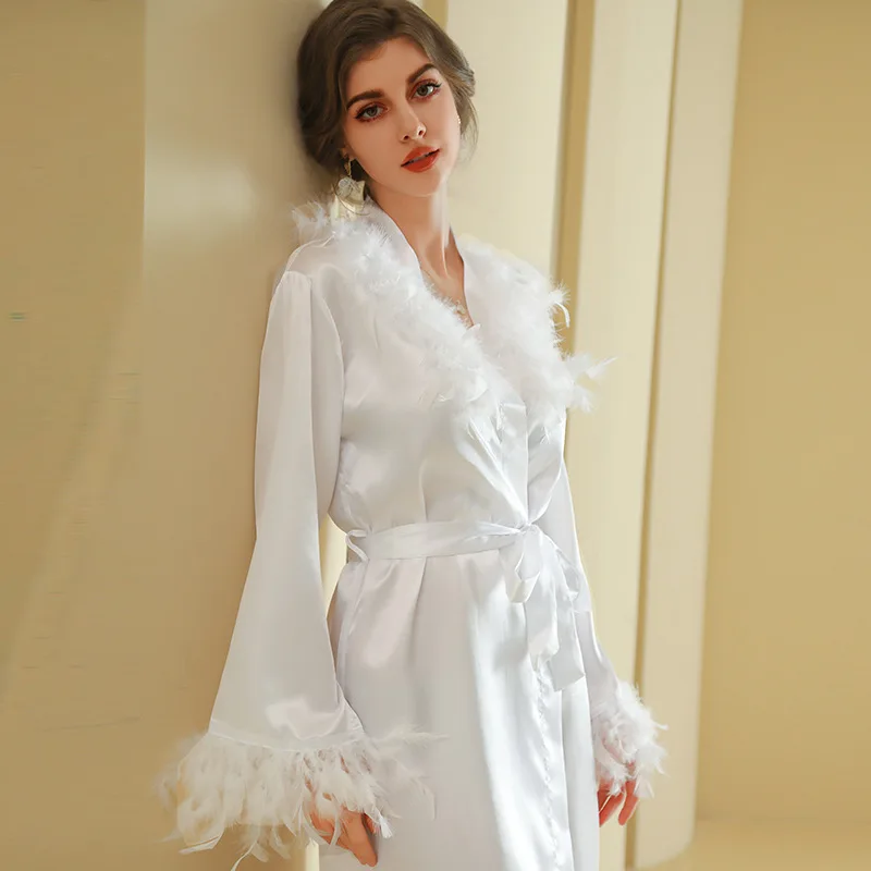 Feather Collar Bathrobe Gown Lady Luxury Wedding Bride Dress Long Sleeve Satin Home Clothes Spring Summer New Kimono Nightwear