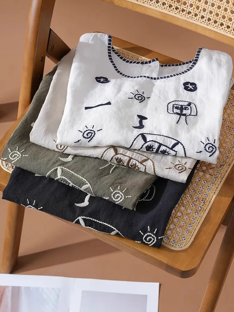 

Hand Sewn round Ne Vest irt Women's Summer New Cotton Linen Embroidery Svel Small irt Top Loose Fit Thin Model