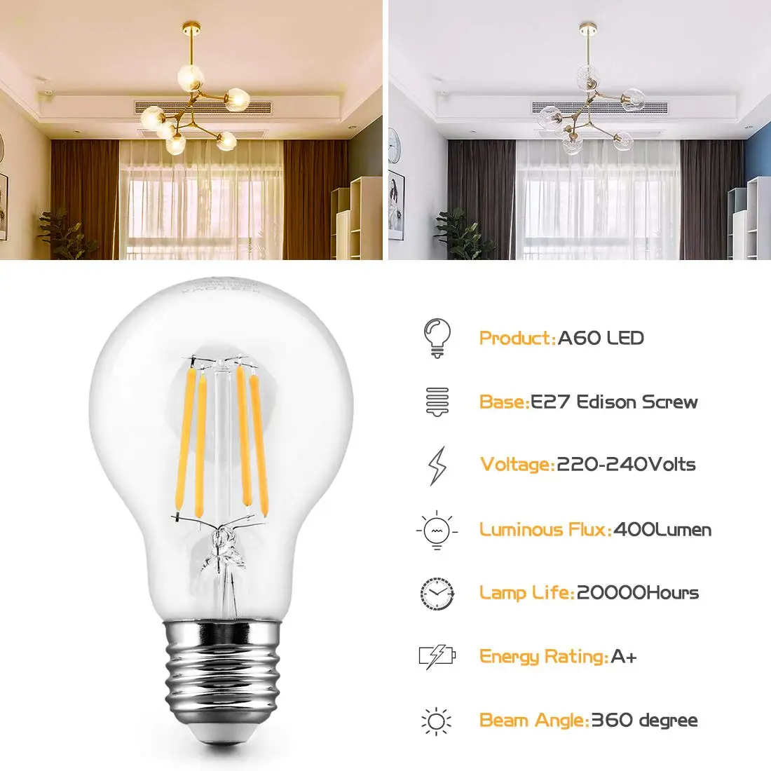 Żarówki Edison Led A19 Lampara E27 4W 6W 8W 220V ciepłe białe naturalna biel 2700K 4500K światło Retro żarówki z funkcją ściemniania Bombillas