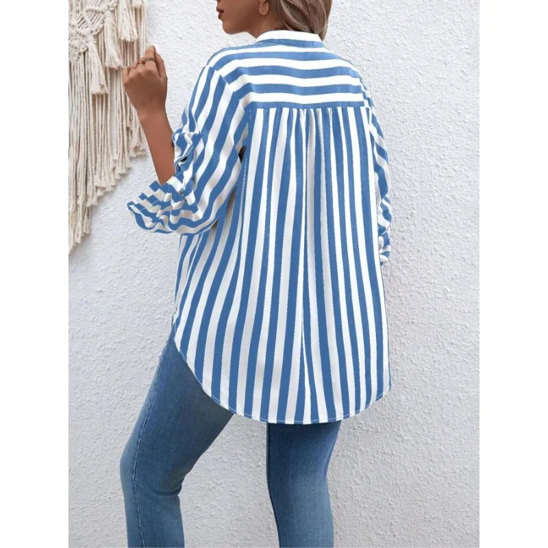 プラスサイズ 1XL-5XL 女性のファッションストライププリント半袖シャツレディースカジュアルラペルシャツルーズでエレガントなボタンシャツ