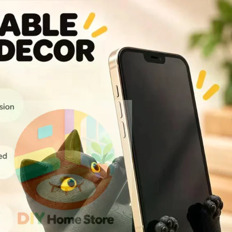 1Pcs Cute 3D Printed Black Cat Phone Stand Reclining Kitten Shaped Holder Anti-Slip for Desk Travel Outdoor Use