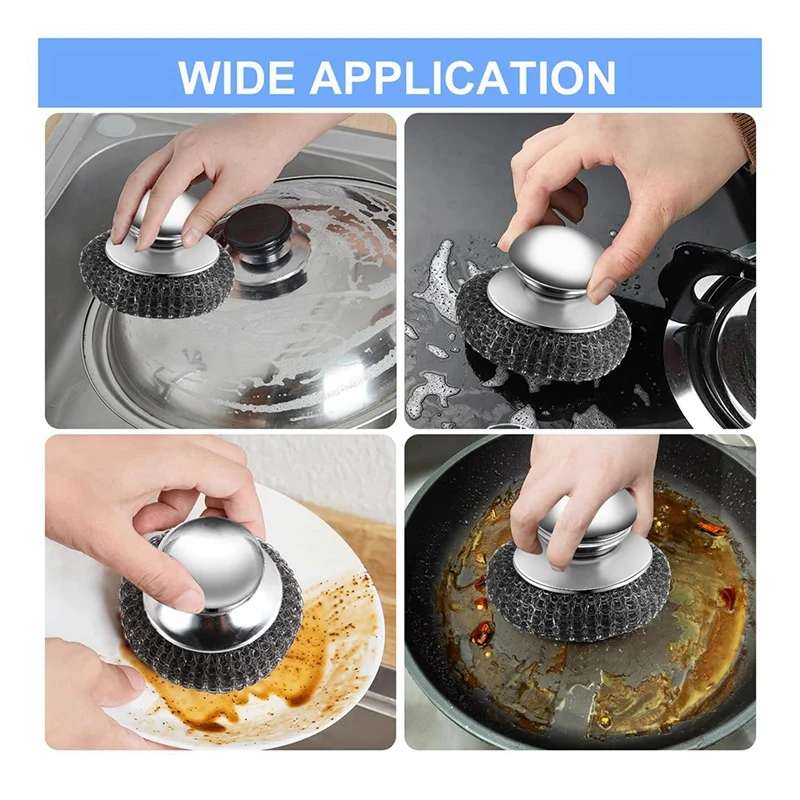 VEHO-2Pcs Stainless Steel Scrubber With Handle, 4 Replacement Scrubber,For Cleaning Cast Iron, Dishes, Kitchen Pots, Grills