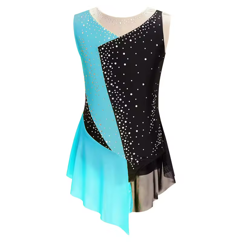 Kids Girls Figure Skating Rhythmic Gymnastics Leotard Dress Asymmetrical Split Shiny Rhinestones Contrast Color Dress Ballerina - Image 9
