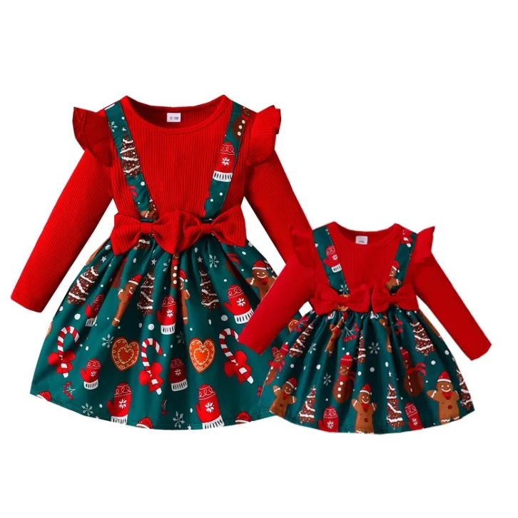 

2025 Girls' Christmas Dress with Bow Belt Long Sleeve Dresses For Girls for Fall/Winter Parties Children Clothing 2 To 7 Years