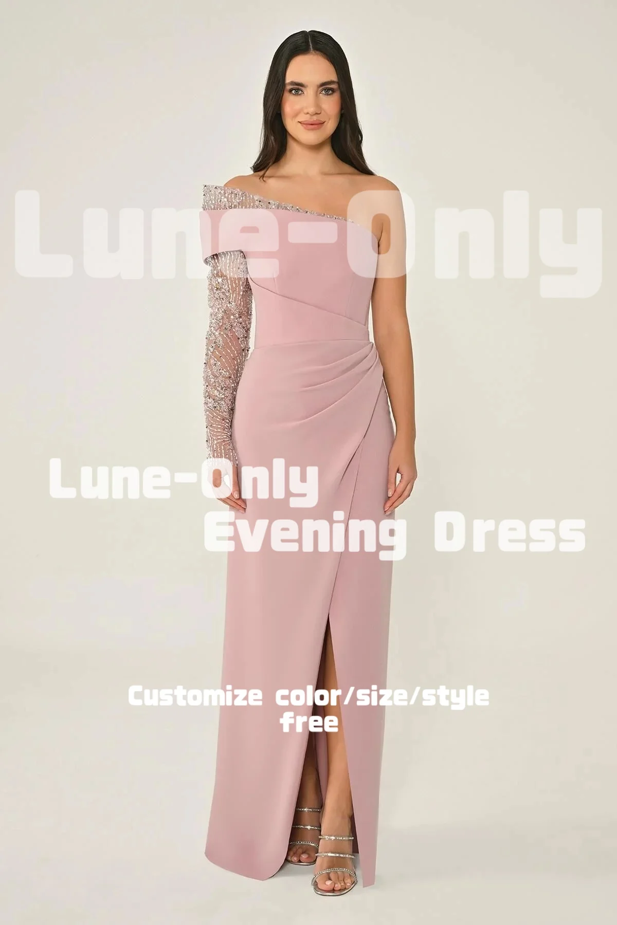 تخصيص بريق الترتر تول كم طويل واحد الكتف فساتين السهرة الفاخرة الجبهة الشق أنيقة حزب ثوب حفلة موسيقية اللباس الرسمي #3