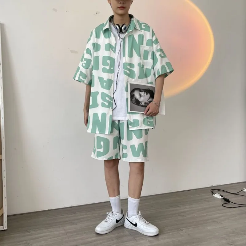 Spring Summer New Fashion Short Sleeved Men's Clothing All Match Casual Korean Style Loose Printed Y2K Button Rope Cambre Suit