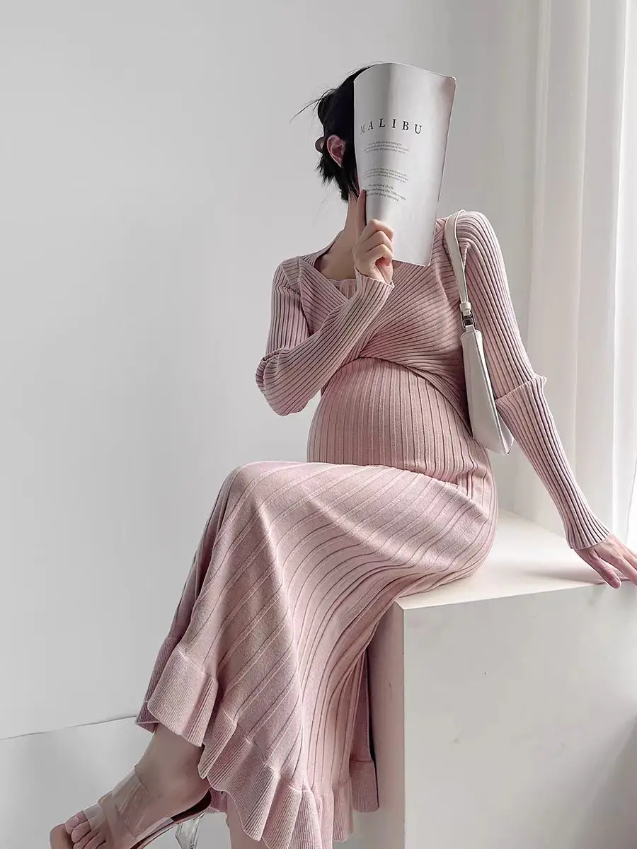 L68411# Dress Pregnant Women Long Sleeve Korean Dress Women Elegant Stylish New Arrival Pregnancy Clothes Knitted Pregnacy Dress