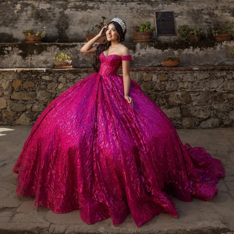 Mexican Rose Red Shiny Quinceanera Dress Ball Gown Off Shoulder Beads Crystal Bow Tull Corset Sweet 16 Vestidos 15 De Anos