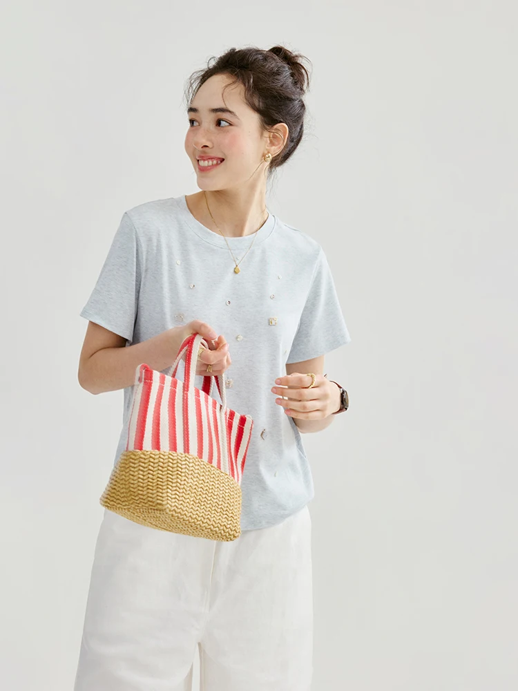 North Island AMUU Original Design Button up Short Sleeve round Neck T-Shirt Women's Summer New Blue Loose Top Korean Style Co...