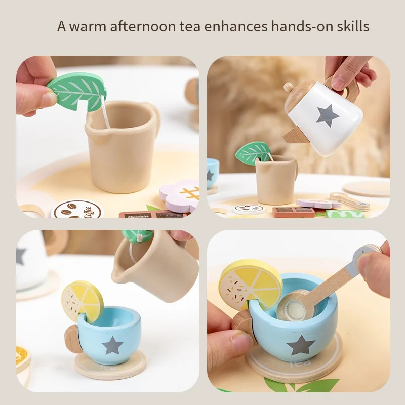 طقم شاي خشبي للأطفال - فناجين شاي مقلدة ولعبة حلوى، مجموعة لعب شاي بعد الظهر للأطفال الصغار