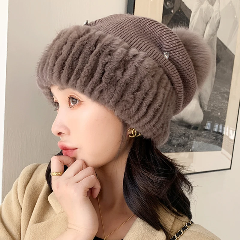 Top Quality Women\'s Winter Knitted Wool Belend Patchwork Real Mink Fur Hat Cap Natural Fox Fur Pom Poms Beanie Lady Fashion