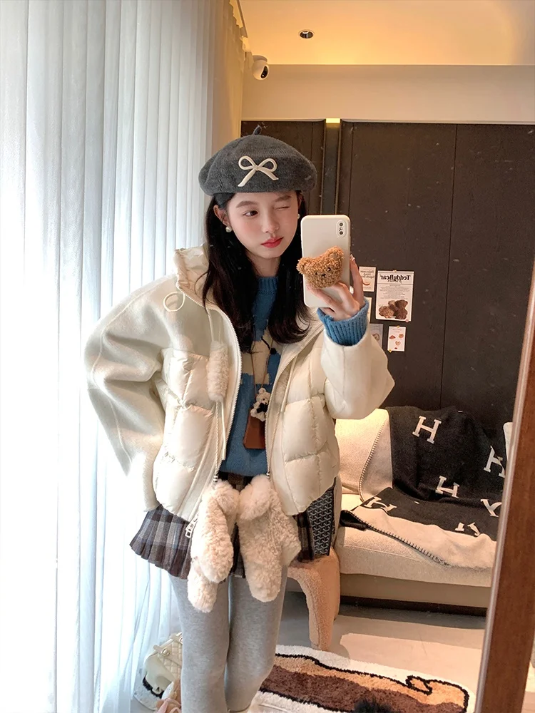 

Double-Sided Woolen Cheese Heart Design down Jaet Women's Winter Korean Sle Top Zipper Closure ort Coat