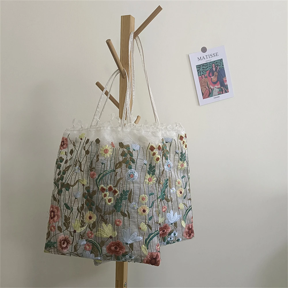 Bolsa de ombro de flores bordadas em malha para mulheres, bolsa romântica, bolsa de compras ecológica, transparente, verão, novo estilo, 2024