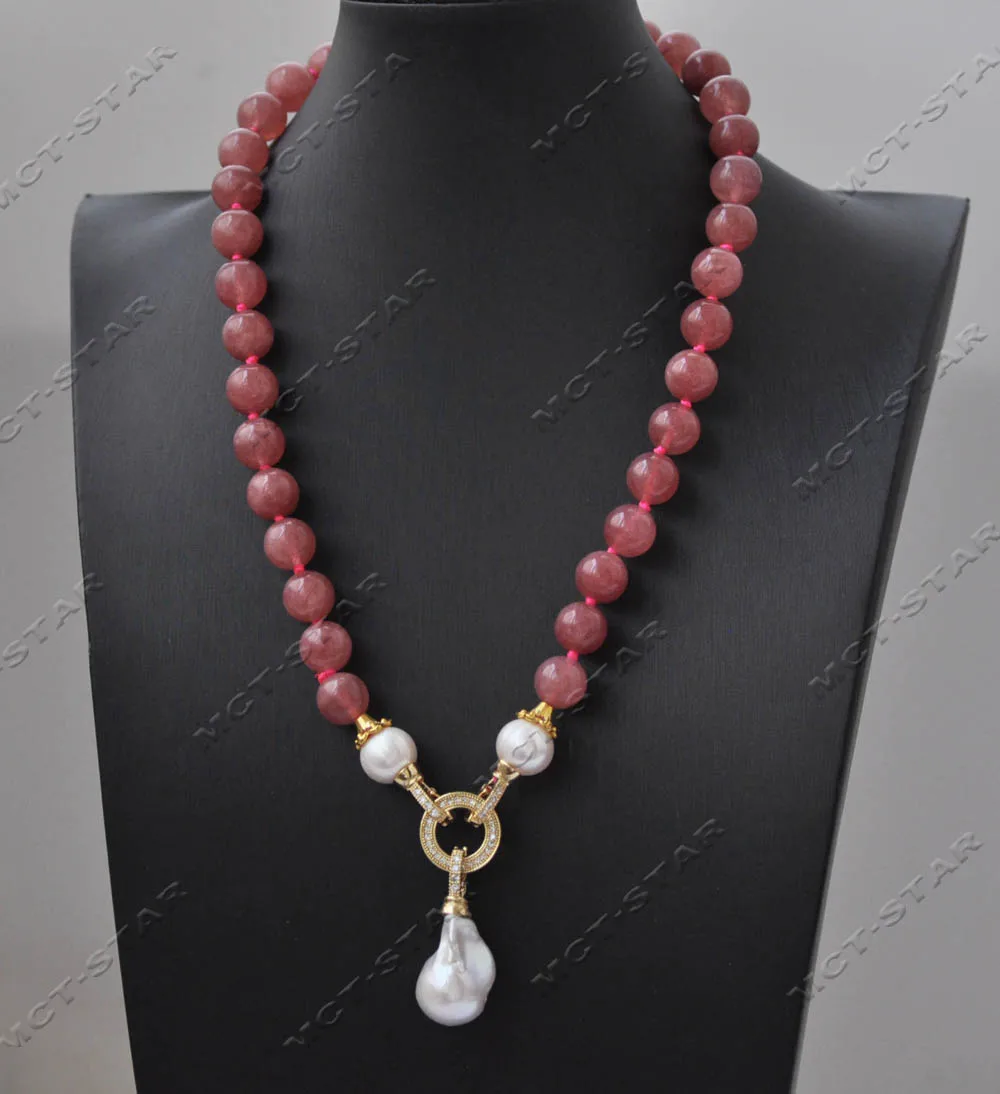 

MTC·STAR Z13388 18" 22mm Rose-Red Round Jasper Necklace White Keshi Pearl Pendant Custom Jewelry