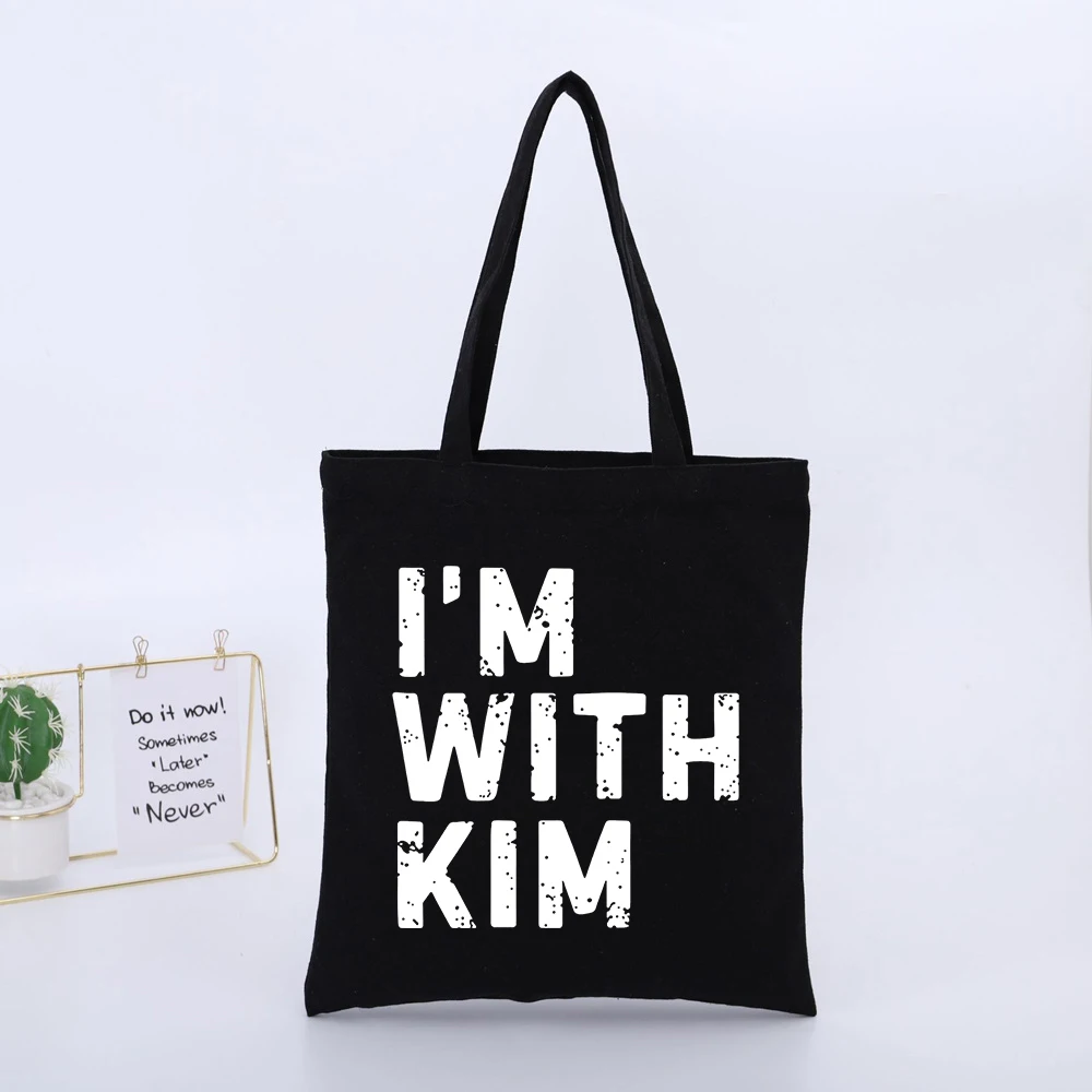 Unisex Letter Print Black Canvas Tote Bag, Typography Style for Daily Shopping and Casual Outings