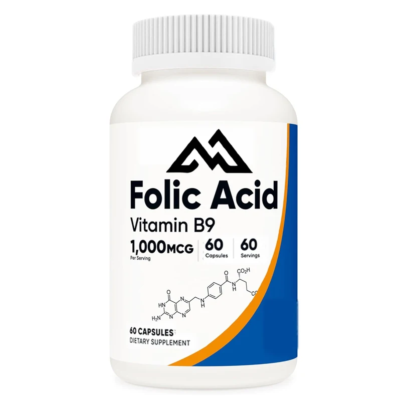 High quality folic acid (vitamin B9) 1000 mcg, 60 capsules non GMO, soy free, gluten free