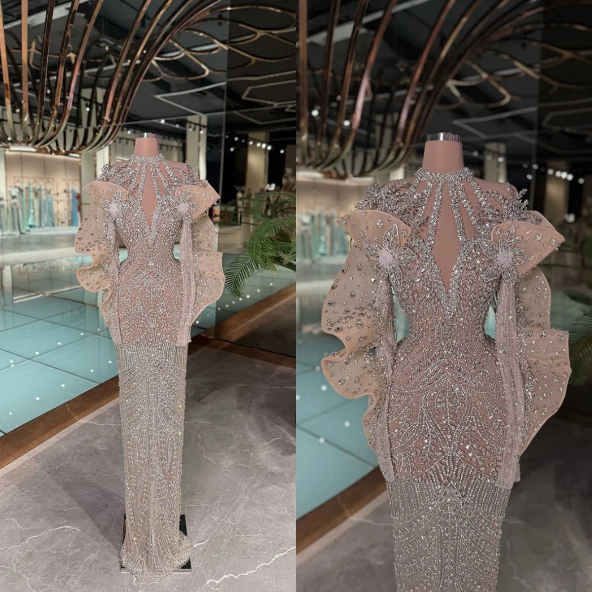 

Великолепное платье для выпускного вечера с высоким воротом и блестками Элегантное вечернее платье с длинными рукавами длиной до пола, вечернее платье с бисером и кристаллами по индивидуальному заказу